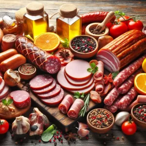 Processed meats, such as sausages, bacon, cured meats, and smoked meats,